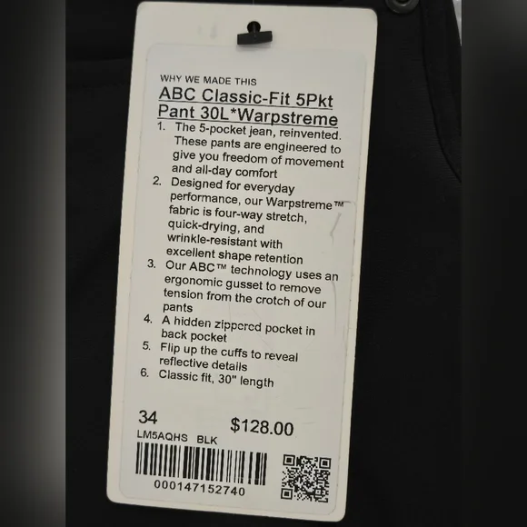NWT Lululemon Men’s ABCClassic- Fit 5 Pkt Pants SZ 34 X 30 (30 L)Warpstreme